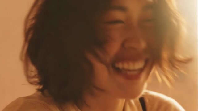 女性が黄金色の夕光に包まれ、前髪の隙間から柔らかなまなざしを向ける