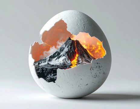 Huevo roto con volc&aacute;n miniatura activo dentro