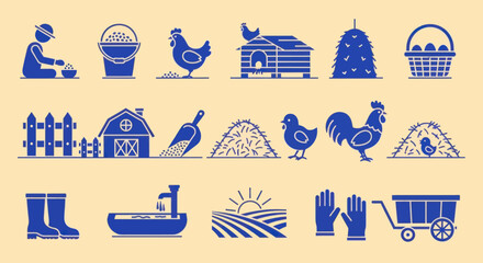 Farm Icons Set: Chicken Coop, Rooster, Eggs, Farmer, Hay, Barn - Vector Graphics © intaniaayu