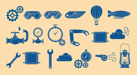 Steampunk Icons: Gears, Goggles, Airships, Robot Arm, Wrench, Lantern © intaniaayu