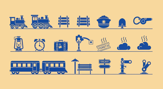 Collection of blue train and railway icons on a pale yellow background