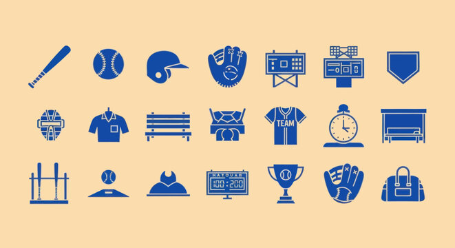 Baseball Icons Set: Equipment, Uniforms, and Field Elements