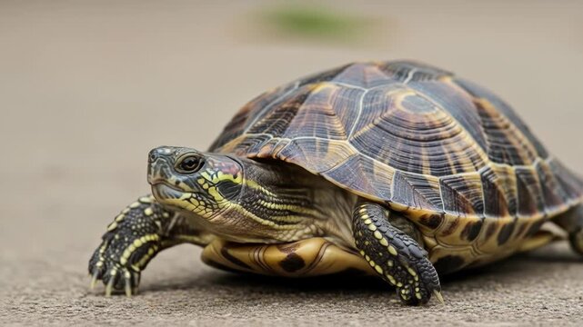 A small turtle with a brown and yellow shell and head, walking on gray surface