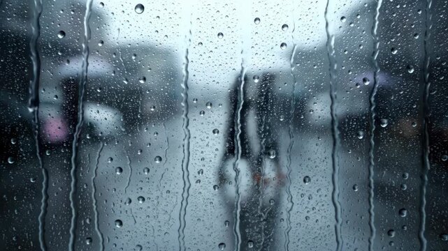 Rainy day street view through a window with blurred man and blurred woman with umbrella walking in the rain.