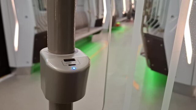 Modern public transport interior featuring a convenient USB charging port on a metal handrail. High-tech subway car with blurred passenger background, green floor lights, and sleek glass partitions