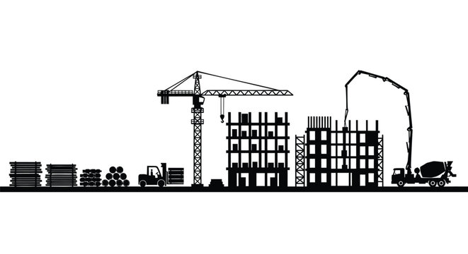 Construction site vector illustration with crane and building