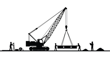Vector illustration of construction workers with crane and heavy machinery