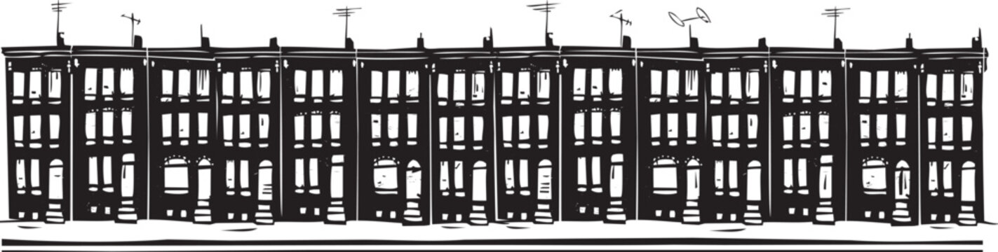Woodcut expressionist image of a line of urban rowhouses with tv antennas