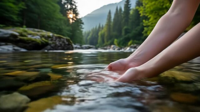 A person's hand gently skims the surface of a serene river with a backdrop of lush greenery and mountains