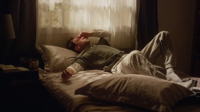 Full length shot of depressed middle aged man rolling over in bed feeling tired and reluctant to wake up in morning