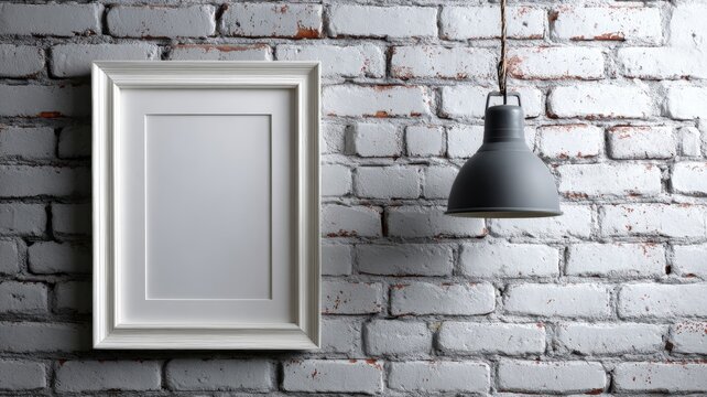Empty picture frame on brick wall with industrial lamp