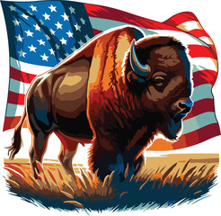 American bison vector illustration with USA flag © NurnobiHossain