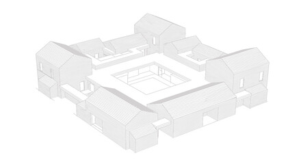 Isometric vector illustration of a white courtyard surrounded by buildings
