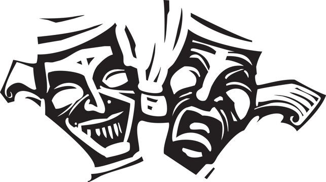 Woodcut style Janus stage acting faces of happy and sad