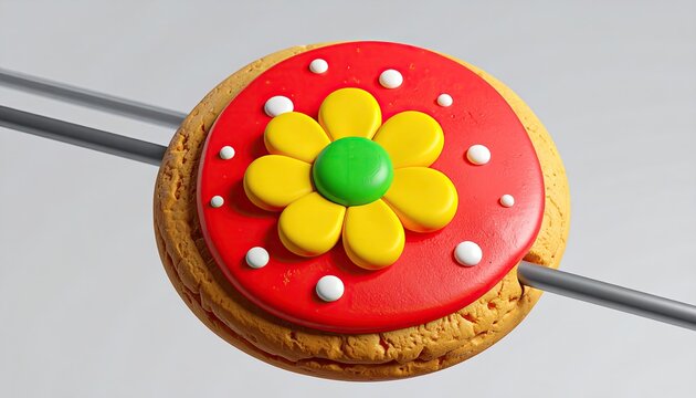 Cookie with a red frosting, yellow flower, white dots on two parallel bars