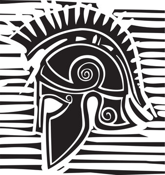 Woodcut style image of an ancient greek hoplite soldier's bronze helmet 