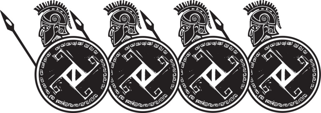 Woodcut style greek hoplite soldier with archaic weapons