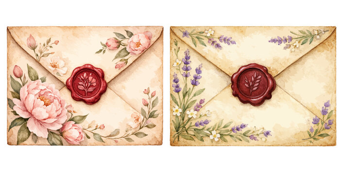A watercolor collection of vintage floral envelopes with wax seals for romantic stationery, wedding invitations, antique correspondence designs, and elegant letter graphics.