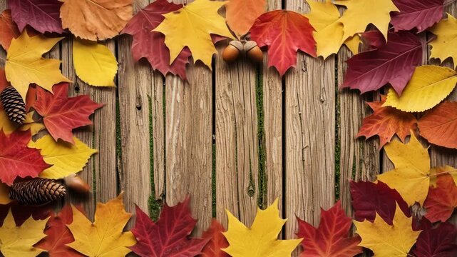 A wooden background with a border of vibrant red, orange, and yellow maple leaves and pine cones