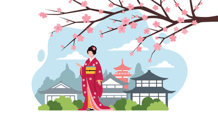 Japanese woman in traditional kimono standing under blooming cherry blossom tree near pagoda temple, serene spring season flat vector illustration perfect for travel and cultural festival themes © Amie