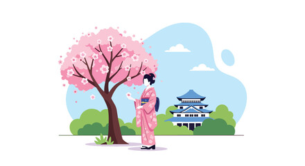 Japanese woman in traditional kimono standing under blooming cherry blossom tree near pagoda temple, serene spring season flat vector illustration perfect for travel and cultural festival themes © Amie
