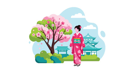 Japanese woman in traditional kimono standing under blooming cherry blossom tree near pagoda temple, serene spring season flat vector illustration perfect for travel and cultural festival themes © Amie