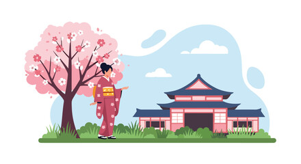 Japanese woman in traditional kimono standing under blooming cherry blossom tree near pagoda temple, serene spring season flat vector illustration perfect for travel and cultural festival themes © Amie