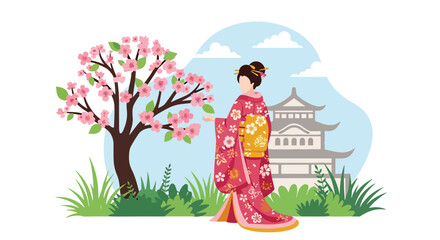 Japanese woman in traditional kimono standing under blooming cherry blossom tree near pagoda temple, serene spring season flat vector illustration perfect for travel and cultural festival themes © Amie