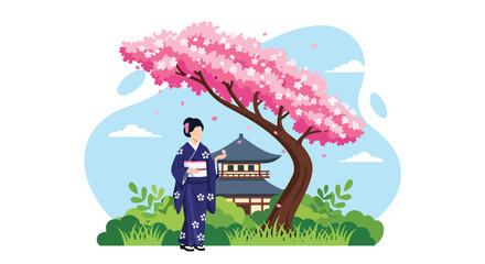 Japanese woman in traditional kimono standing under blooming cherry blossom tree near pagoda temple, serene spring season flat vector illustration perfect for travel and cultural festival themes © Amie