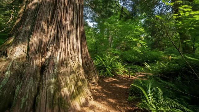 A serene forest scene with a large tree trunk and a dirt path winding through lush greenery