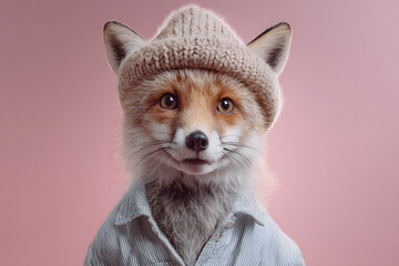 Fototapeta premium Fox in a knit hat with a shirt poses against a pink background during a creative photoshoot