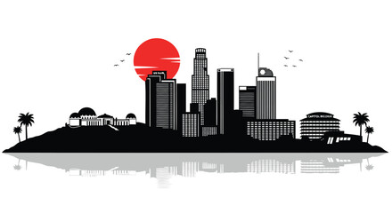 Obraz premium Vector city skyline with palm trees and sunset