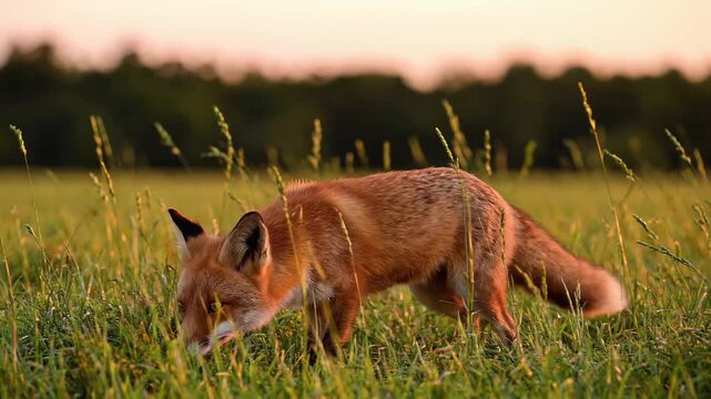 Red Fox Standing in Green Grass.