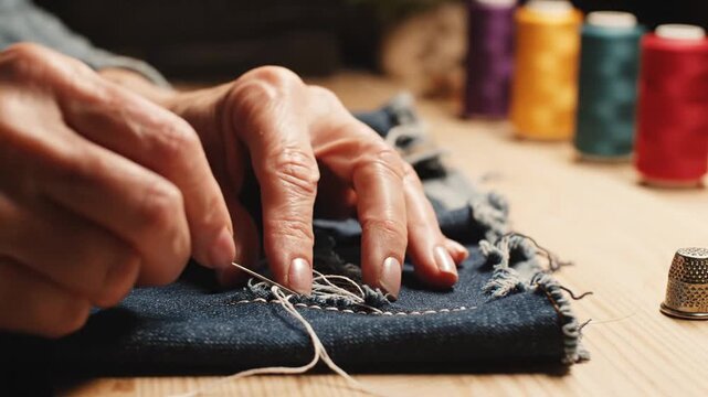 Woman's hands sewing denim fabric with needle and thread on table