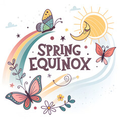 Naklejka premium Spring equinox celebration banner with colorful butterflies and sun