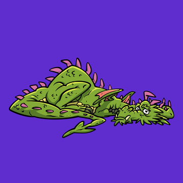 Moody Green Medieval Classic Dragon Cartoon Vector Illustration 
