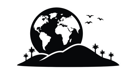 Stylized earth illustration with birds and tropical vegetation on a hill © Ziaul_Studio