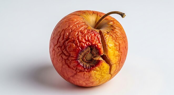 Rotten apple with worm hole on white background
