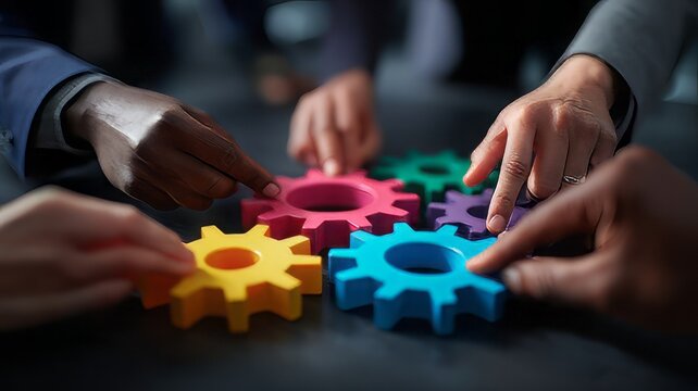 Teamwork of business people working together and combining pieces of a gear puzzle, business team work, business people working together, business people holding gear