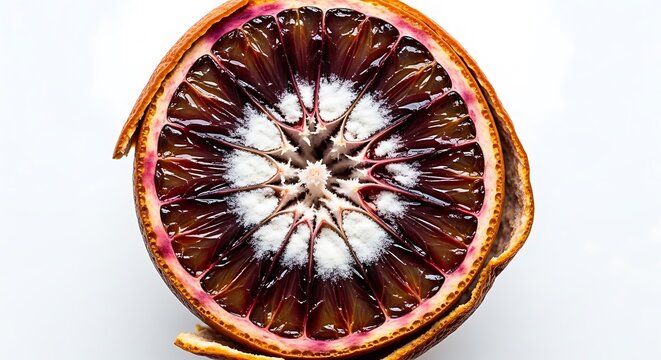 Moldy blood orange slice isolated on white background with fungus