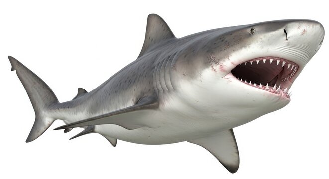 Large predatory aquatic creature swims with mouth wide open revealing multiple rows of sharp teeth