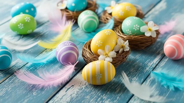 A vibrant Easter scene featuring decorated eggs in nests and scattered on a rustic blue wooden surface with feathers and flowers