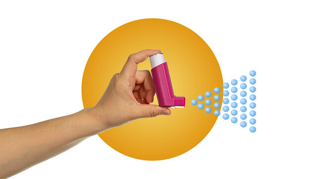 Inhaler in hand with spray. Asthma treatment concept. Of asthma inhaler in hand for asthma and COPD patients.