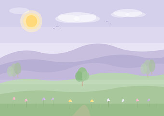Obraz premium A peaceful, hand-crafted nature landscape illustration rendered in a soft pastel palette of lavender, sage green, blush pink, buttercup yellow and ivory. The scene features layered rolling hills