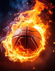 Fototapeta premium A dynamic and fiery image showcases a basketball engulfed in vibrant flames, creating a visually striking and energetic sports-themed composition.