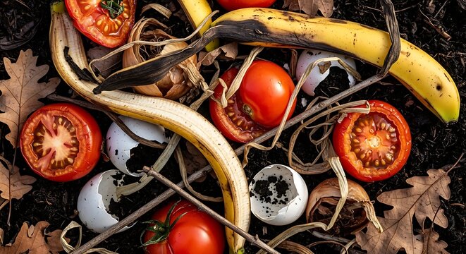 Rotten fruit and vegetables in compost pile with leaves and twigs