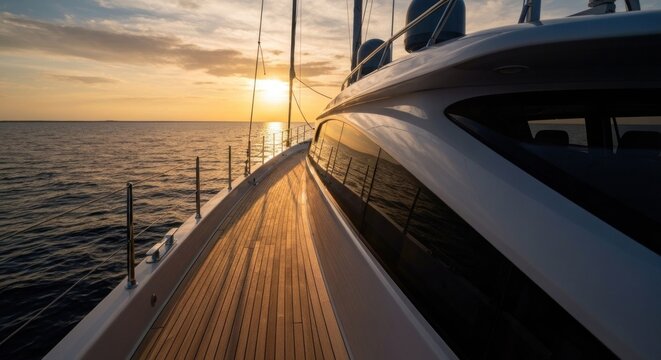Side view of a luxury vessel sailing at sunset, reflecting light on the deck