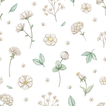 Seamless pattern with set of green various leaves and twigs and flowers for holiday Valentine's Day isolated on white background. Watercolor hand drawn illustration sketch