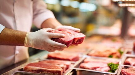 Holding fresh raw beef steaks, a middle-aged man with fair skin wearing a white uniform and gloves works at a butcher shop counter. He displays them.