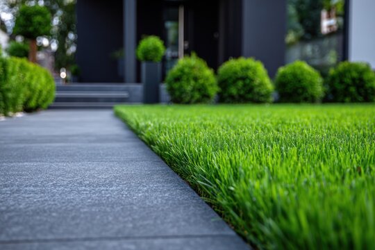A low-angle view of a manicured green lawn next to a grey stone path in the backyard of a modern dark luxury home with spherical topiary shrubs.
